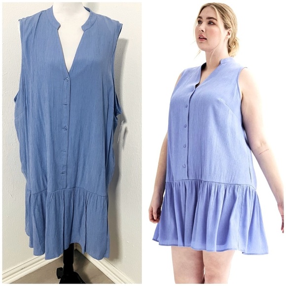 Women Nine West Plus Size 3X Light Blue Button Front Ruffle Lined Hem Dress NWT - Picture 1 of 9